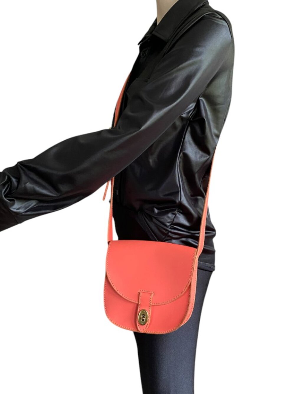 Fossil Mini Austin Leather Turn Lock Saddle Flap Crossbody Bag Coral Salmon - Picture 11 of 15